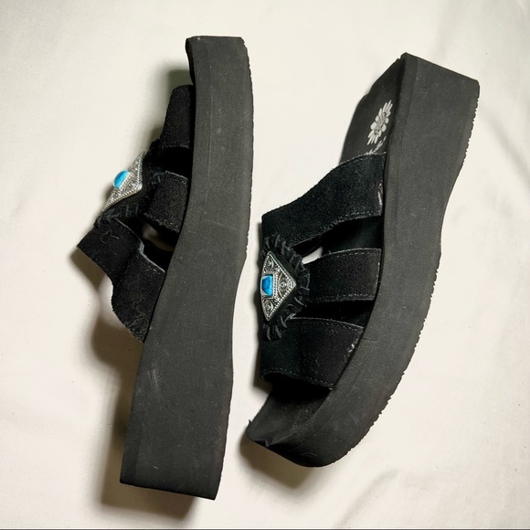 Yellow Box Black Suede Platform Slip-On Sandals with Turquoise and Silver Accent - Picture 4 of 12